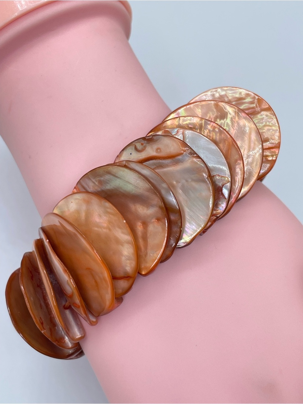 Orange Mother of Pearl Shell Beaded Stretch Bracelet Boho Chunky Statement